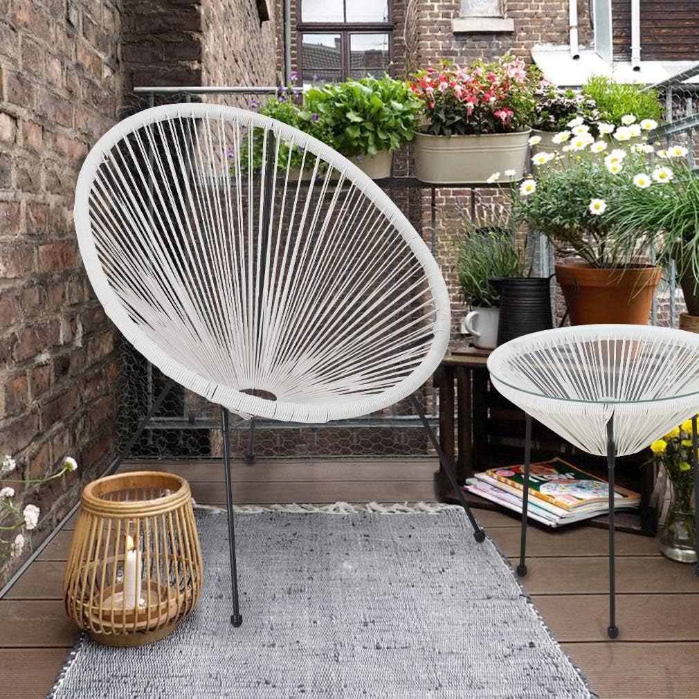 FDW Patio Bistro Set Bistro Table Set Acapulco Chairs Outdoor Chairs Set of 2 All-Weather Hammock Weave Chair Set of 2 and Glass Top Side Table Small Patio Furniture Set, White