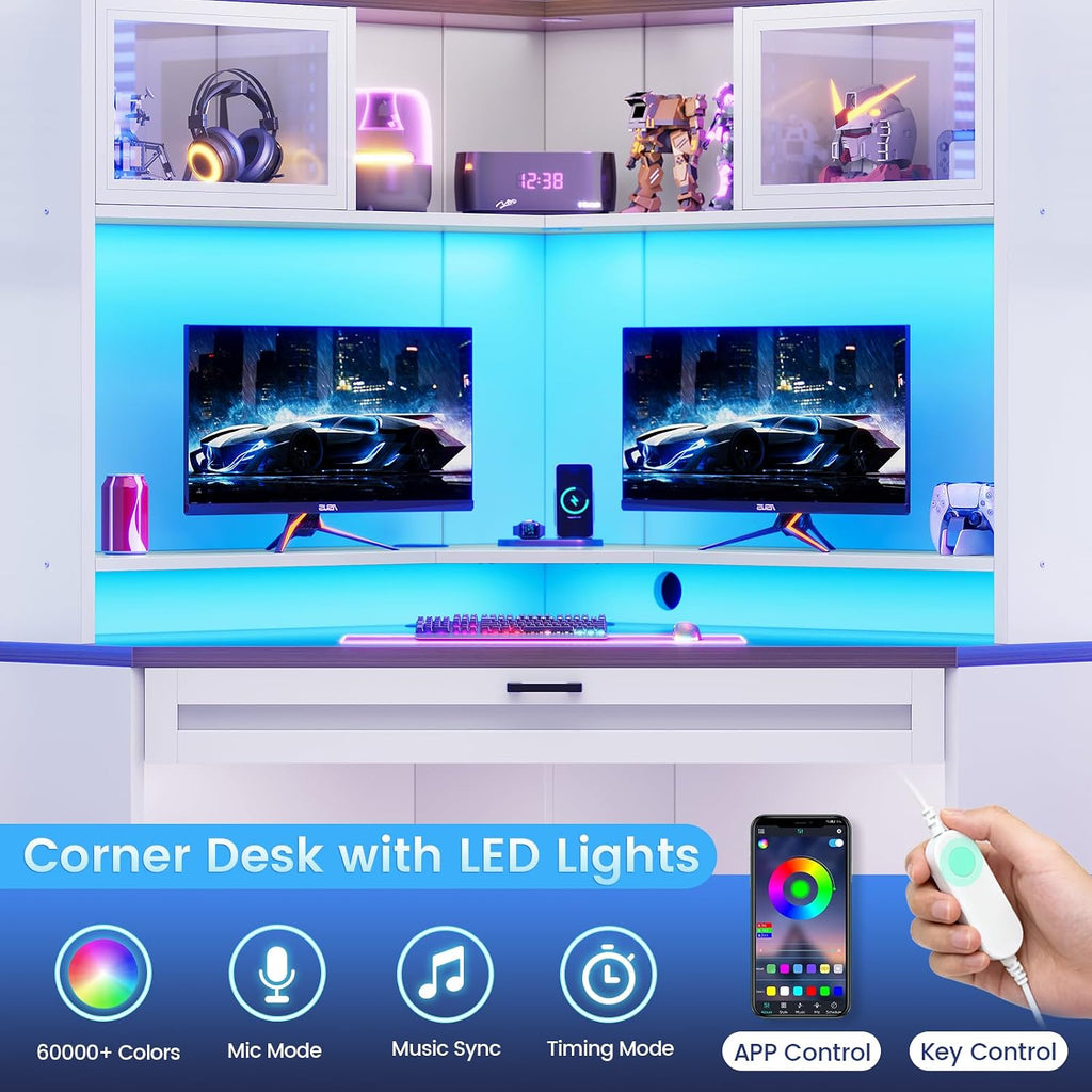 SEDETA 31.5' Corner Desk with Drawers, Small Office Computer Desk with Storage Shelves & Hutch for Small Space, Gaming Desk with LED Lights & Power Strip for Home Office, White + Brown