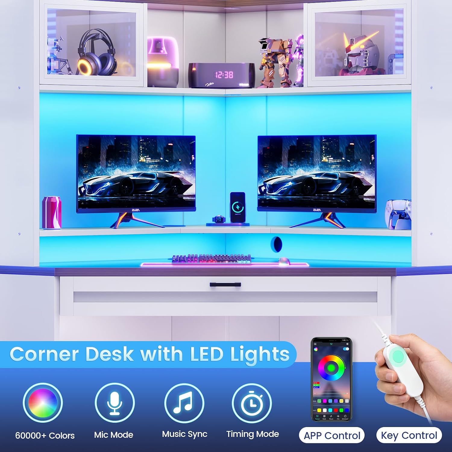 SEDETA 31.5' Corner Desk with Drawers, Small Office Computer Desk with Storage Shelves & Hutch for Small Space, Gaming Desk with LED Lights & Power Strip for Home Office, White + Brown