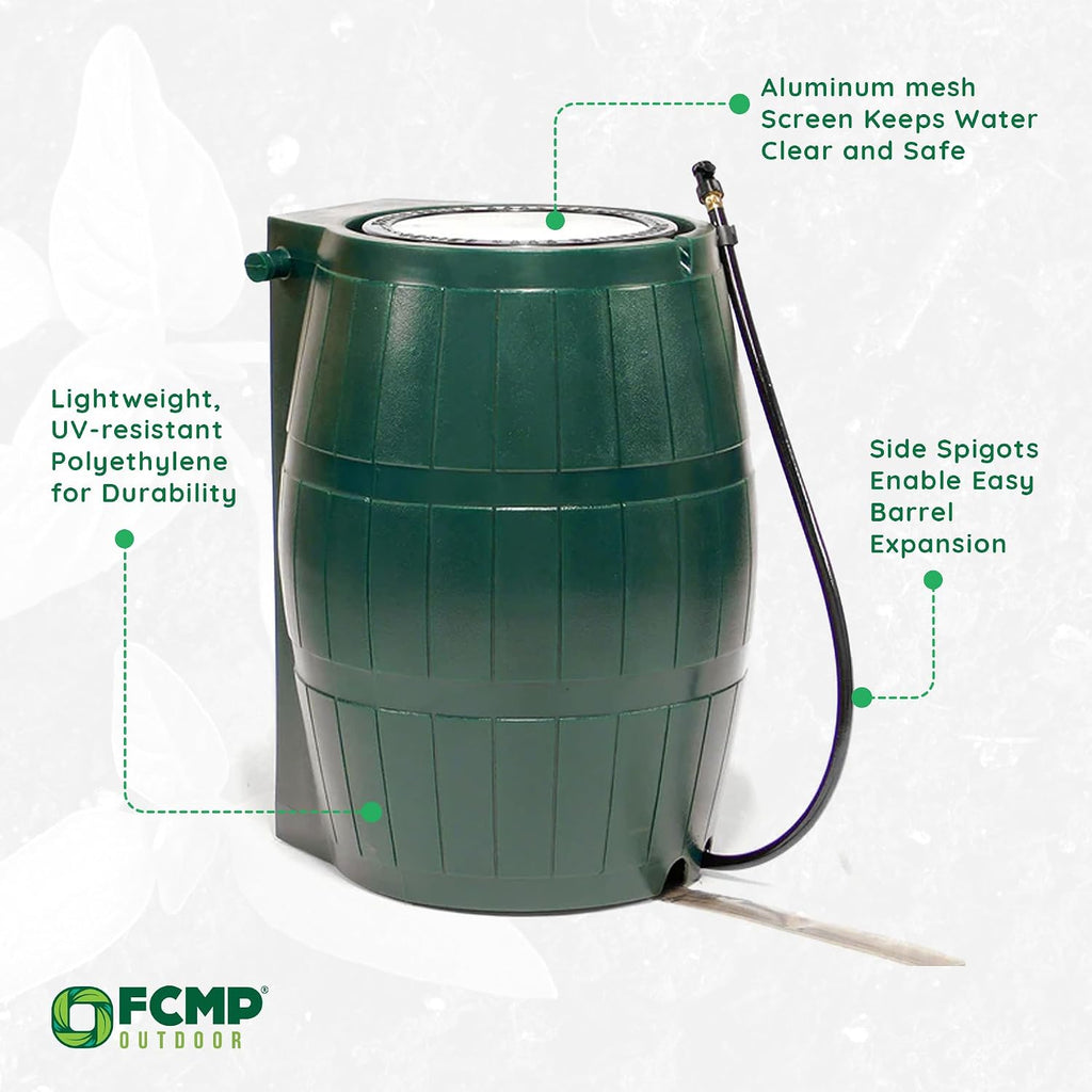 FCMP Outdoor Raincatcher 4000 Rain Barrel, Flat-Back Rainwater Catcher with Spigots, 50 Gallon, Green - Portable Water Storage Container Tank for Home, Garden, and Backyard