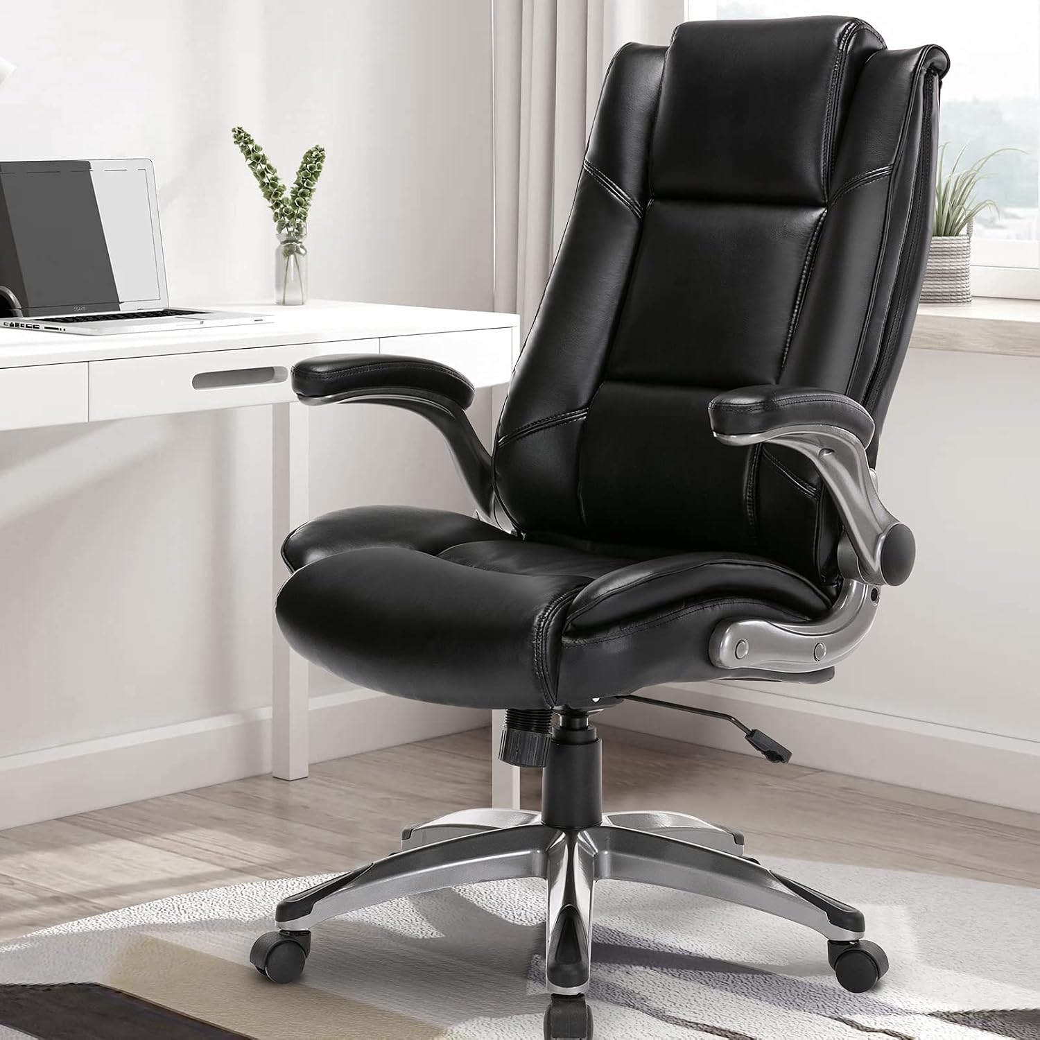MALOL Leather Executive Office Chair - High Back Home Computer Desk Chair with Padded Flip-up Arms, Adjustable Tilt Lock, Swivel Rolling Ergonomic Chair for Adult Working Study, Black