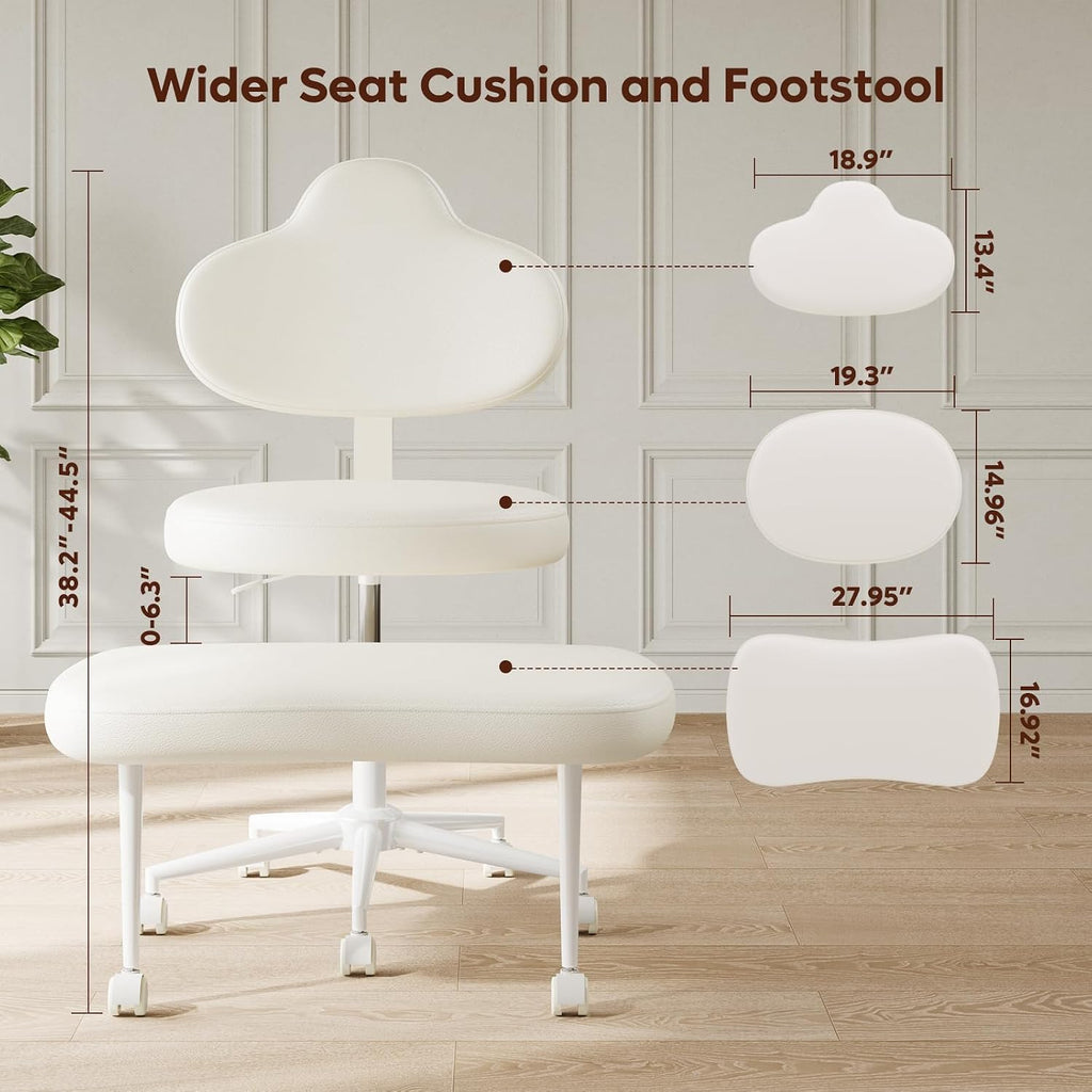 Pinmoco Cross Legged Office Chair with Wheels, Meditation Chair, ADHD Chair for Adults, Wider Height Adjustable Backrest and Seat, Yoga Office Chair, PU Leather, Beige