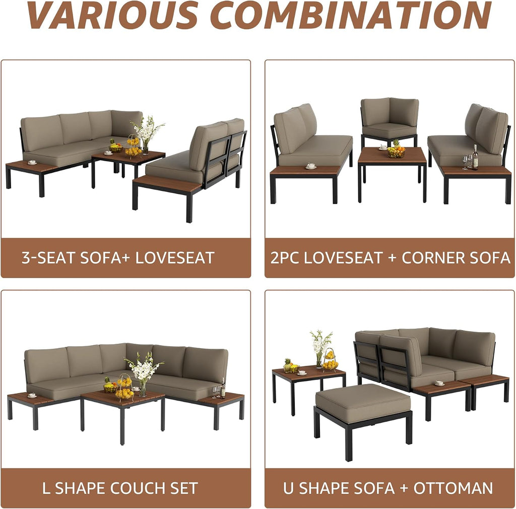 NATURAL EXPRESSIONS Patio Furniture Sets, Metal Outdoor Sectional L Shape Corner Sofa Outdoor Couch with Detachable Backrest,3 Fauxwood Tables,Black Frame,Shale Olefin Cushions for Yard,Garden
