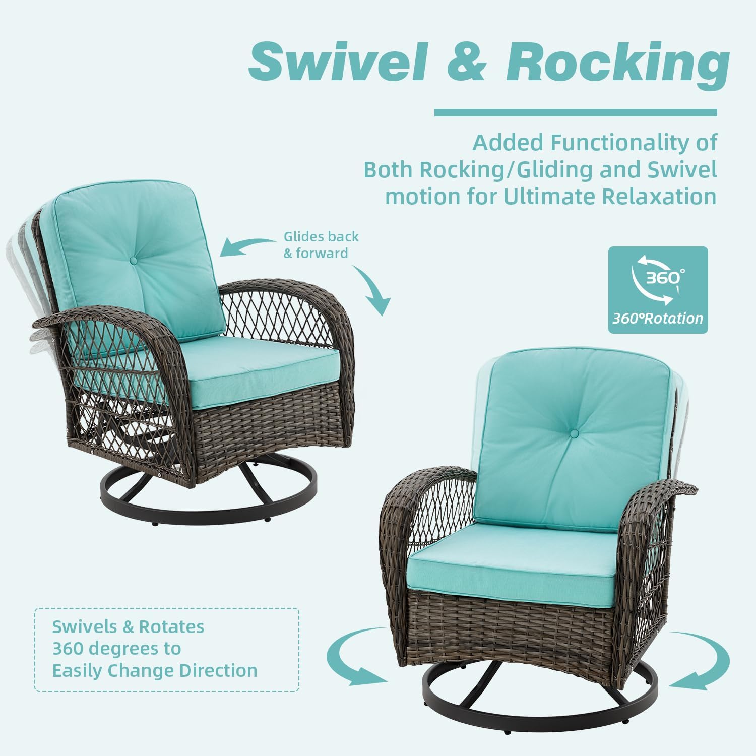 MELLCOM 5 Pieces Patio Furniture Set, Outdoor Swivel Rocker Patio Chairs with Ottomans, Wicker Conversation Set with Rocking Chairs, Glass Coffee Table for Backyard, Peacock Blue