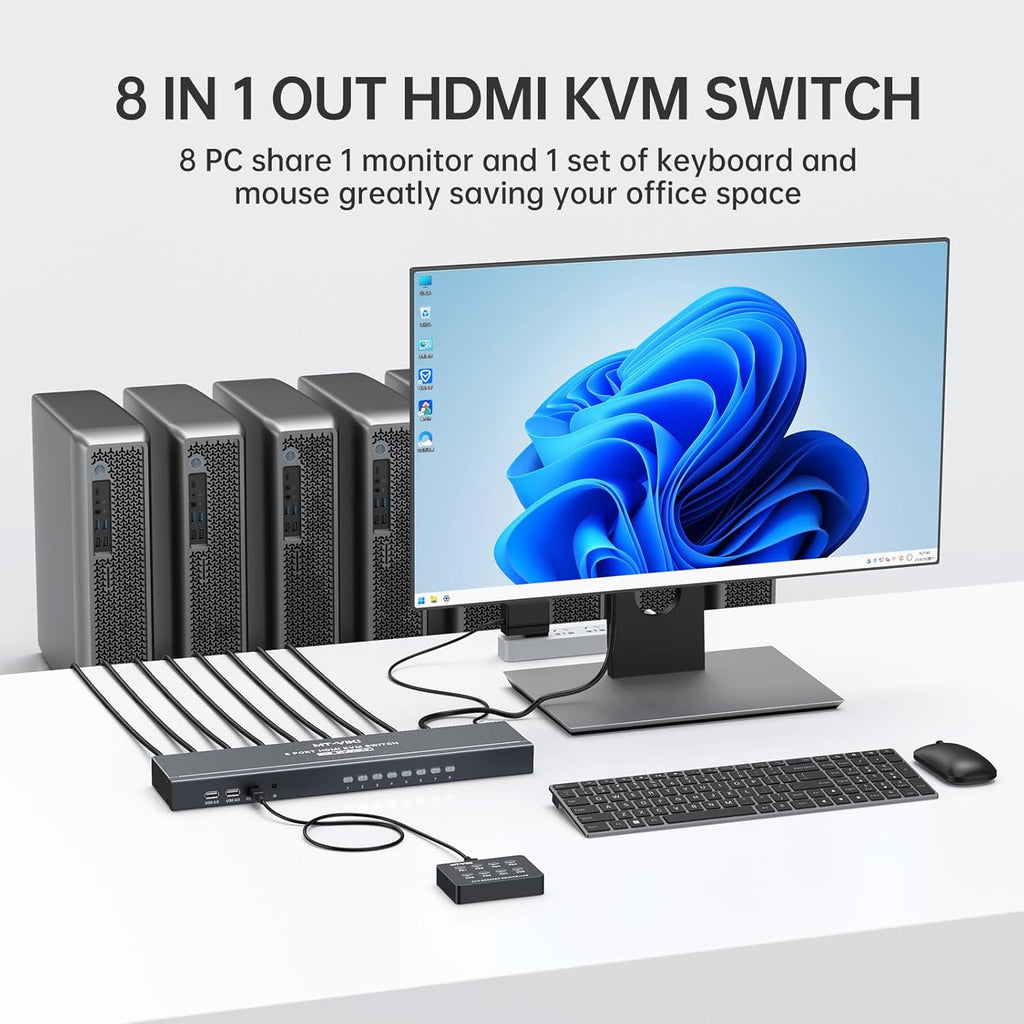 MT-VIKI 8 Port KVM Switch HDMI, 4K@30Hz 1U Rack Mount KVM Switch w/IR Remote & Wire-Desktop Controller & 8 HDMI KVM Cables & Rack Ears & Power Adapter