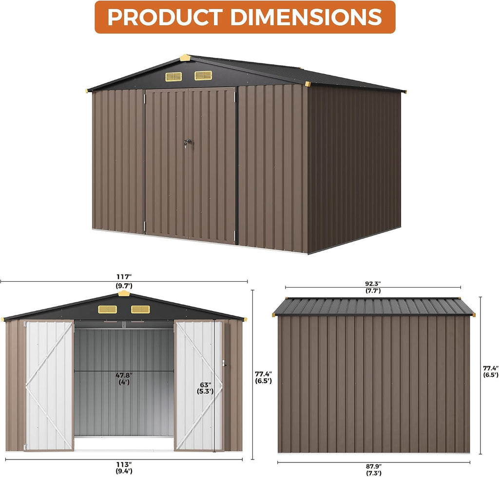 IRONCK 10x8FT Outdoor Storage Shed with Breathable Vent, 9.4x7.3FT Base Galvanized Steel Metal Tool Shed with Lockable Doors for Yard Bins/Generator/Wheelbarrow Garden Storage, Brown