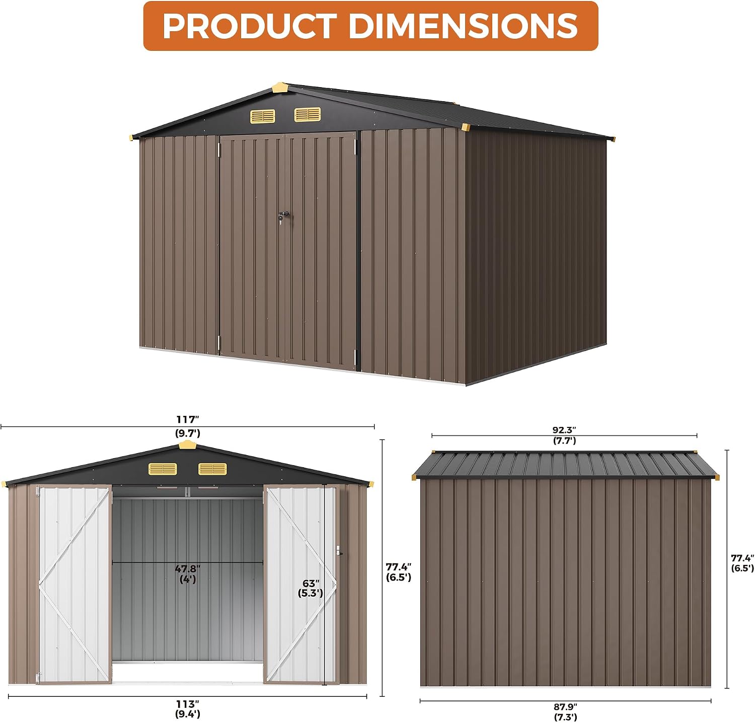 IRONCK 10x8FT Outdoor Storage Shed with Breathable Vent, 9.4x7.3FT Base Galvanized Steel Metal Tool Shed with Lockable Doors for Yard Bins/Generator/Wheelbarrow Garden Storage, Brown
