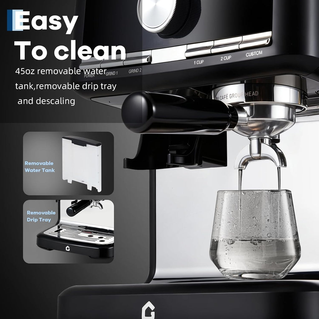 TROPOW Espresso Machine with Grinder - 20 Bar Pressure Professional, Stainless Steel Coffee Maker with Milk Frother, 1.5l Removable Water Tank for Latte, Cappuccino, Home & Office