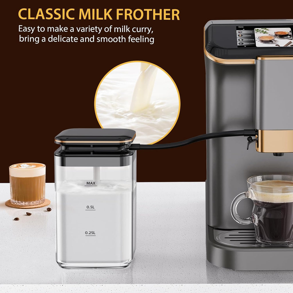 Espresso Maker With Milk Frother - Fully Automatic, 4-Beverage Options, Built-In Grinder, Intuitive Touch Display, and Sleek Gunmetal Finish