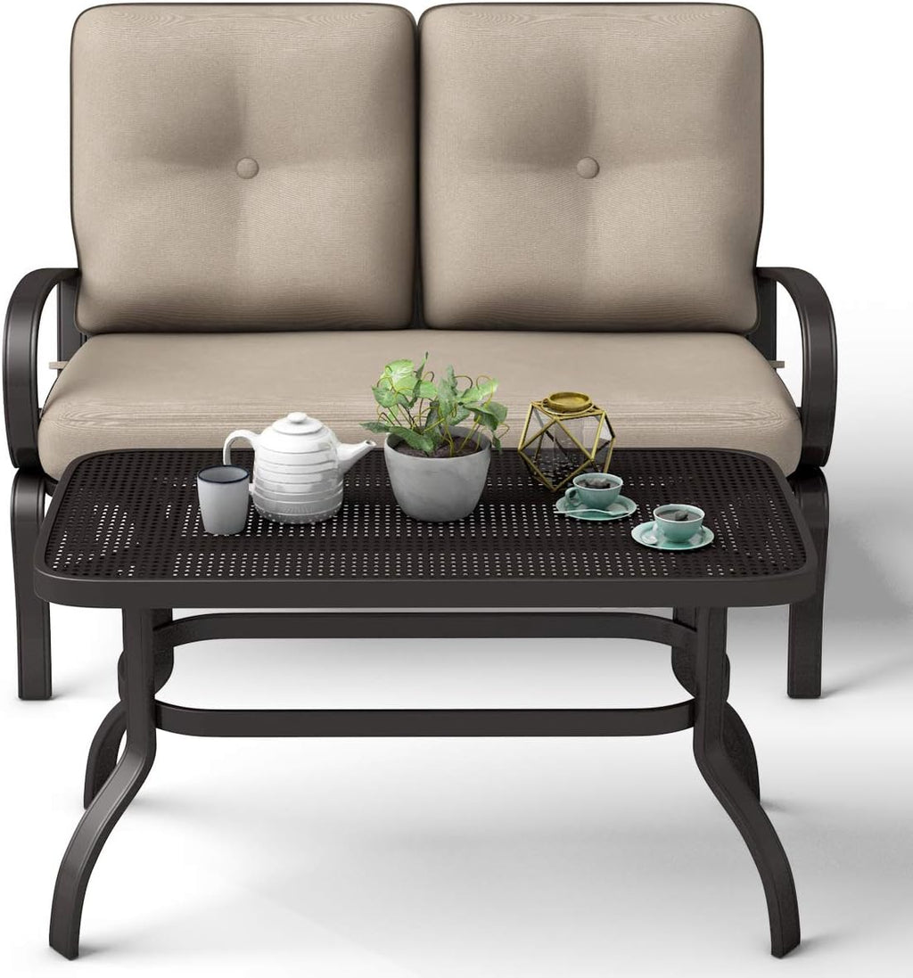 Giantex 2 Pcs Patio Loveseat with Coffee Table Outdoor Bench with Cushion and Metal Frame, Loveseat Furniture Set Sofa for Garden, Yard, Patio or Poolside
