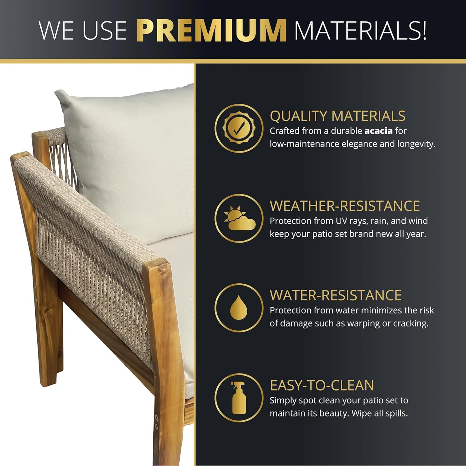 5-Piece Acacia Wood Outdoor Patio Furniture Set, Modern Conversational Chat Set with Water-Resistant Cushions, Space-Saving Sectional Sofa for Small Balcony, Deck, Backyard, Natural Brown