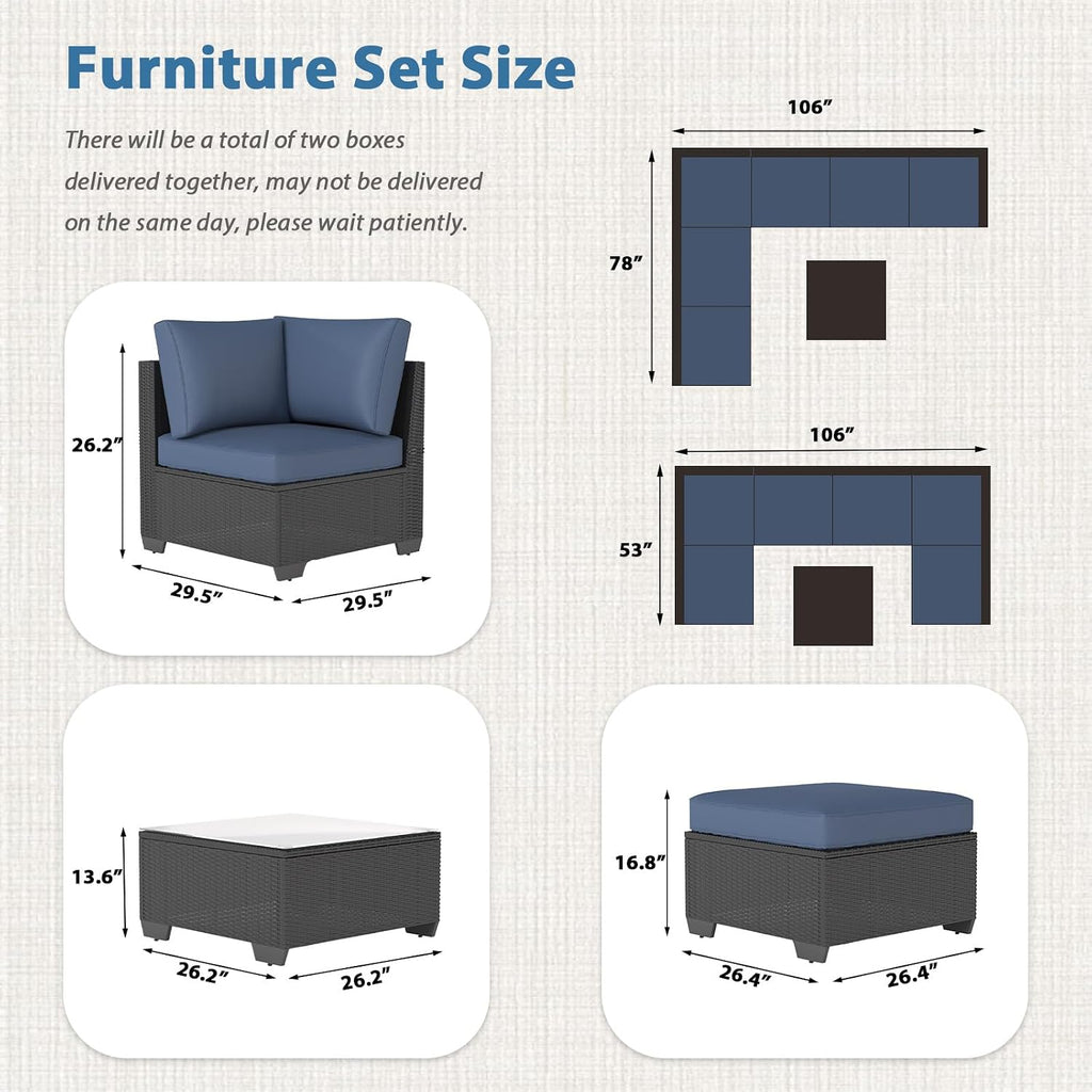 AECOJOY 7 Piece Outdoor Patio Furniture Set, Outdoor Sectional Conversation Furniture Chair with Coffee Table, Patio Sectional for Backyard, Garden(Navy Cushions and Black Rattan)
