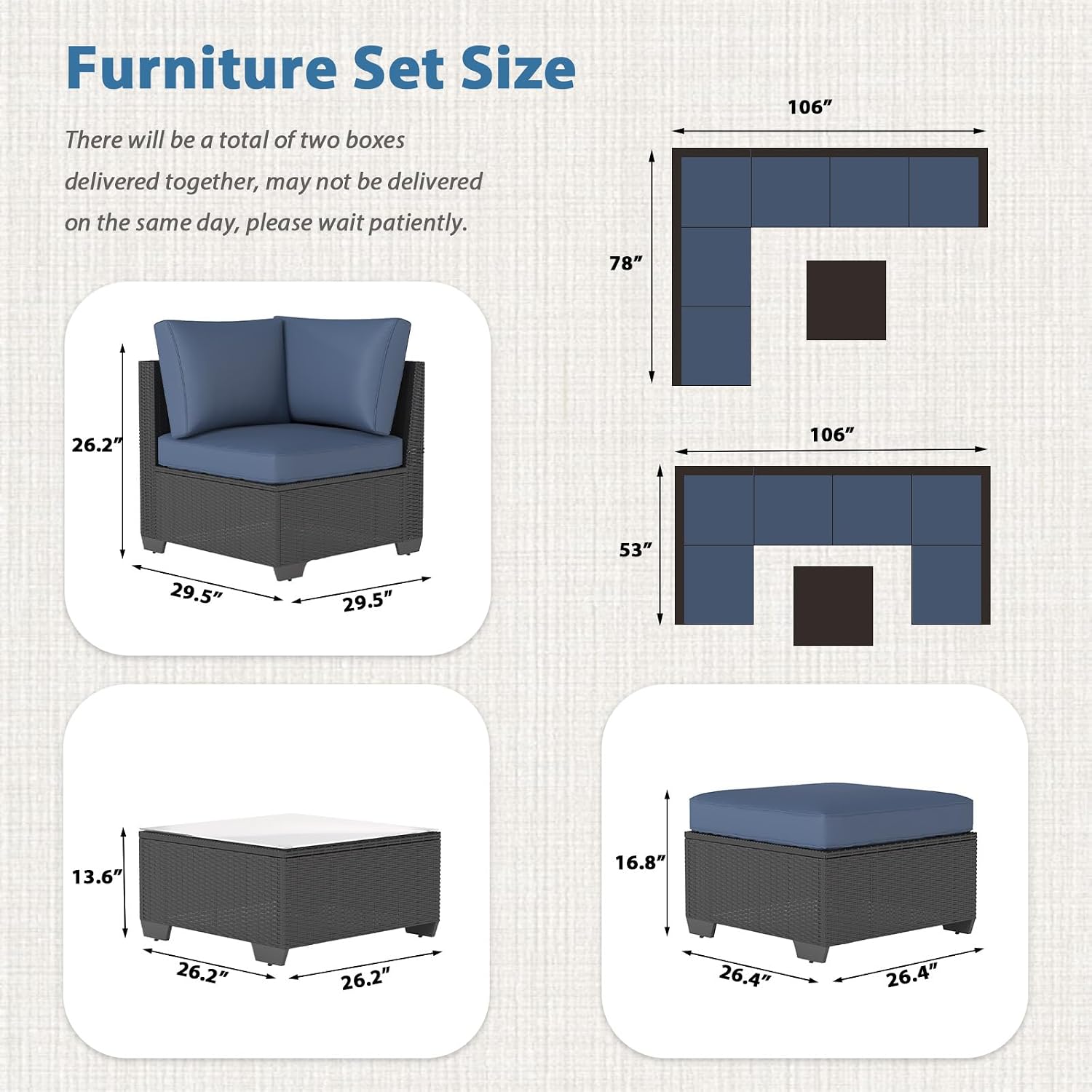 AECOJOY 7 Piece Outdoor Patio Furniture Set, Outdoor Sectional Conversation Furniture Chair with Coffee Table, Patio Sectional for Backyard, Garden(Navy Cushions and Black Rattan)