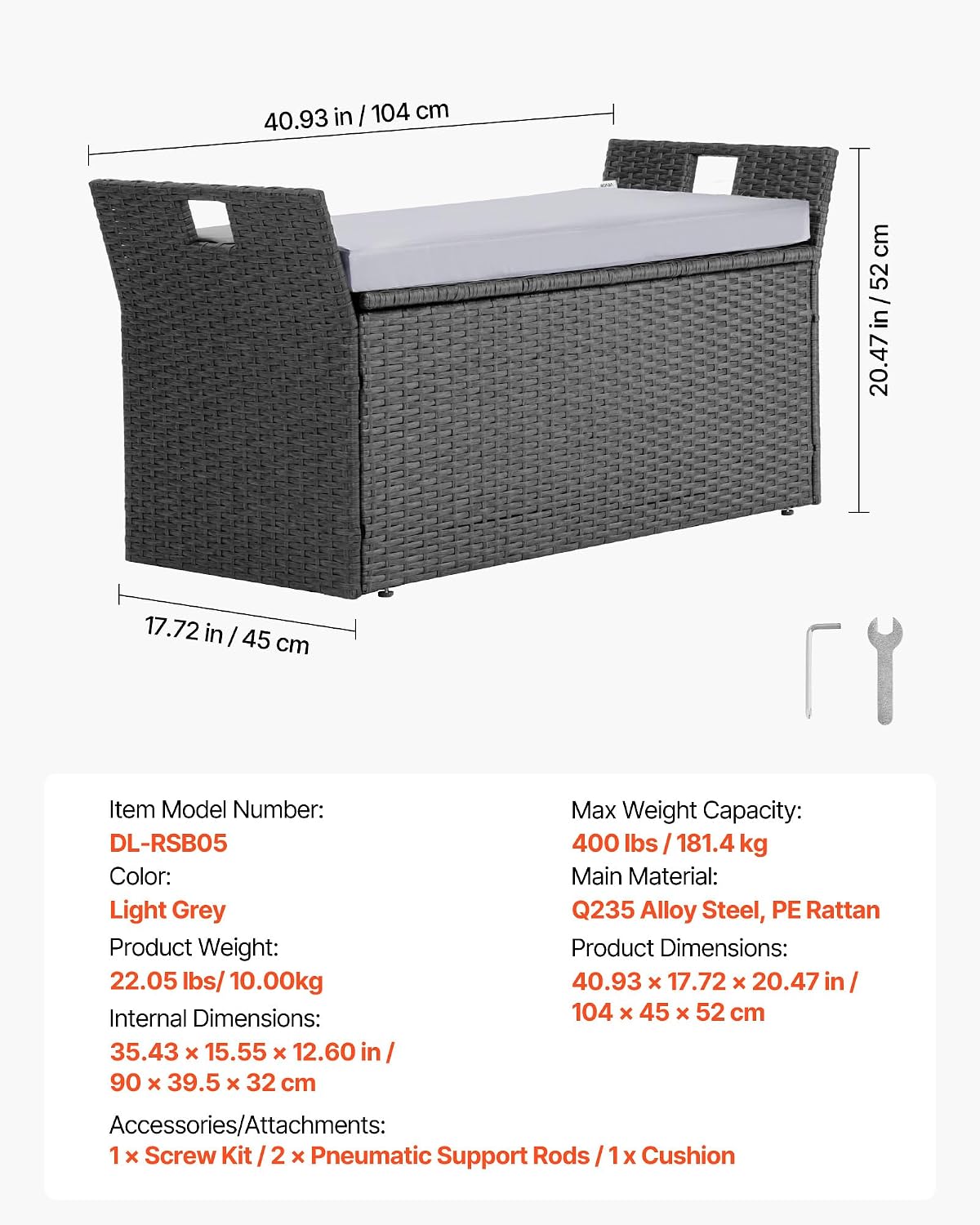 VEVOR Outdoor Storage Bench, 2-Person PE Rattan Storage Bench, 40 Gal Deck Box with Cushion & Side Handle, Supports up to 400 lbs, Outdoor Seating & Porch Decor for Patio Garden Balcony