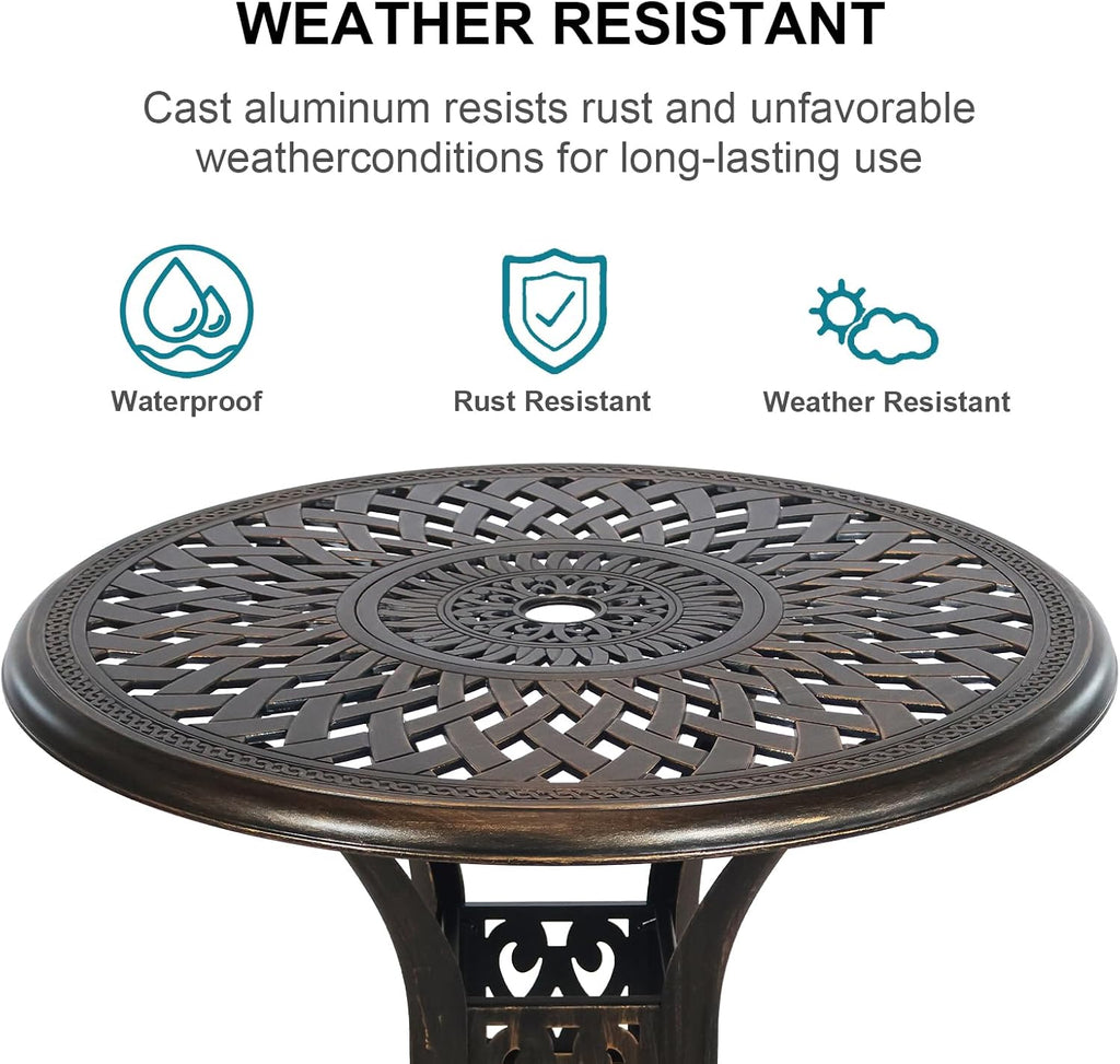 3 Piece Outdoor Dining Set,Cast Aluminum Bistro Set with Umbrella Hole, All Weather Patio Furniture Set, Small Patio Dining Set for Garden/Balcony/Deck, Bronze