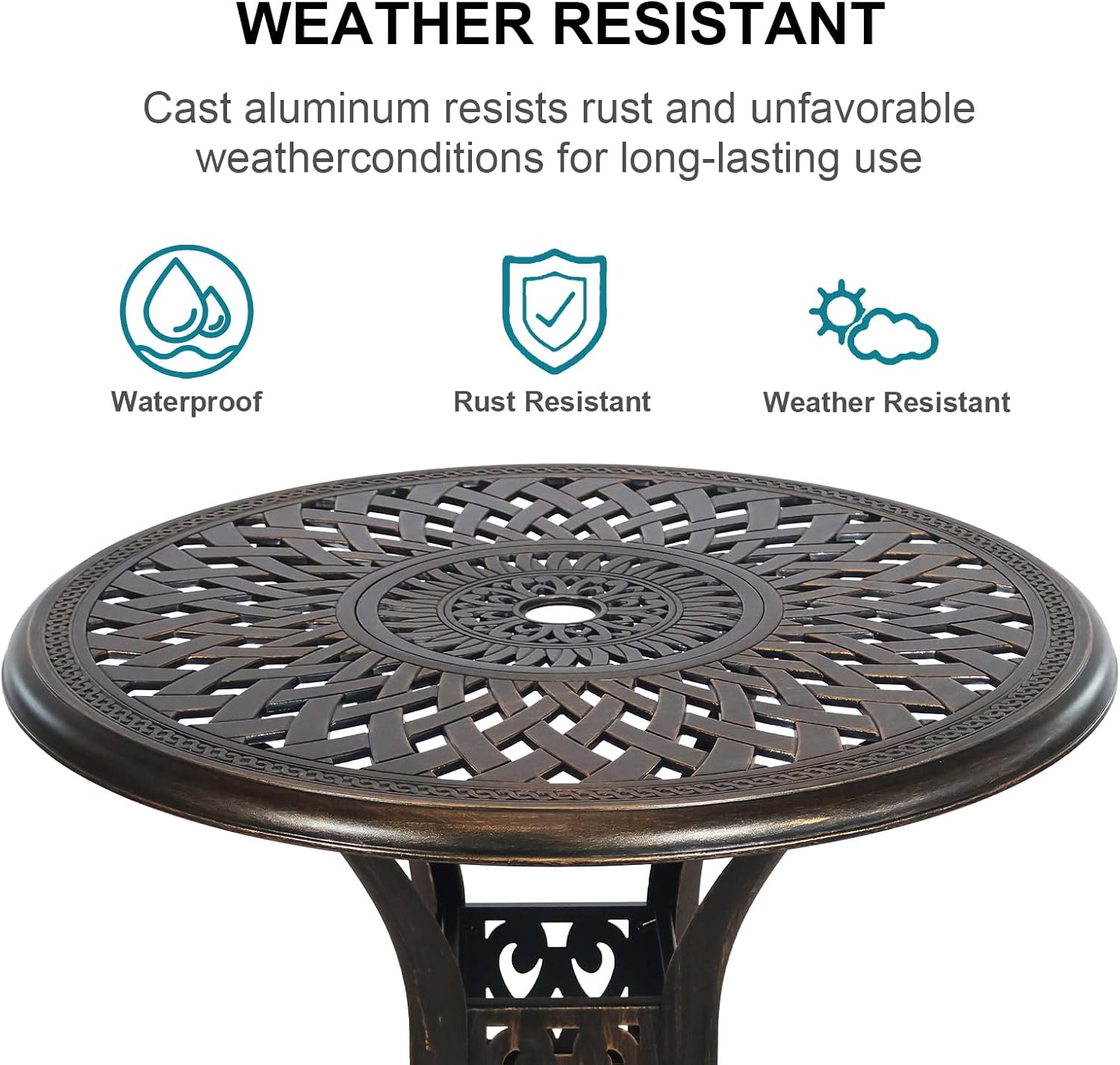 3 Piece Outdoor Dining Set,Cast Aluminum Bistro Set with Umbrella Hole, All Weather Patio Furniture Set, Small Patio Dining Set for Garden/Balcony/Deck, Bronze