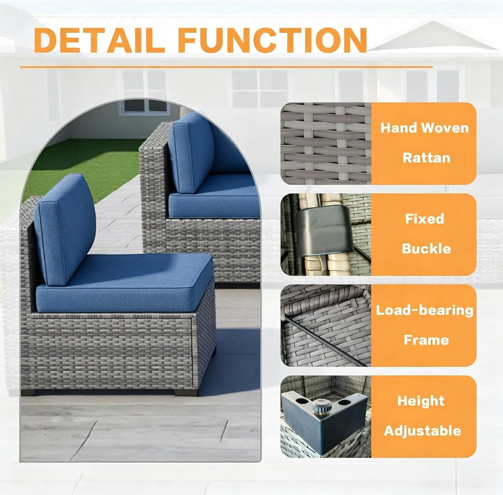 MOCHITO 5 Pieces Outdoor Patio Furniture Sets, All-Weather Sectional Sofa Grey PE Rattan Wicker Conversation Set with Glass Table and Washable Blue Cushions for Backyard,Sunroom,Garden,Porch