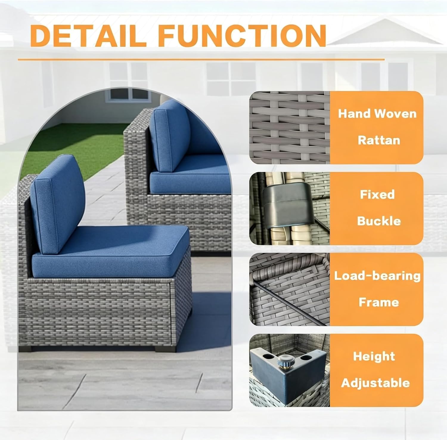MOCHITO 5 Pieces Outdoor Patio Furniture Sets, All-Weather Sectional Sofa Grey PE Rattan Wicker Conversation Set with Glass Table and Washable Blue Cushions for Backyard,Sunroom,Garden,Porch