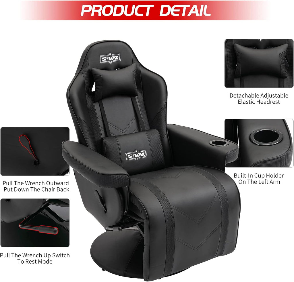 S*MAX Gaming Recliner Chair for Adults Racing Style Ergonomic High Back Swivel PU Leather Gaming Chair with Adjustable Backrest and Footrest Cup Holder Side Pouch Black