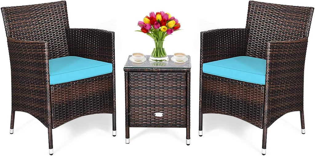 COSTWAY 3 PCS Patio Furniture Set, Outdoor Wicker Conversation Set with Tempered Glass Coffee Table, Seat Cushions, Rattan Wicker Chairs for Poolside Balcony Porch Backyard, Blue