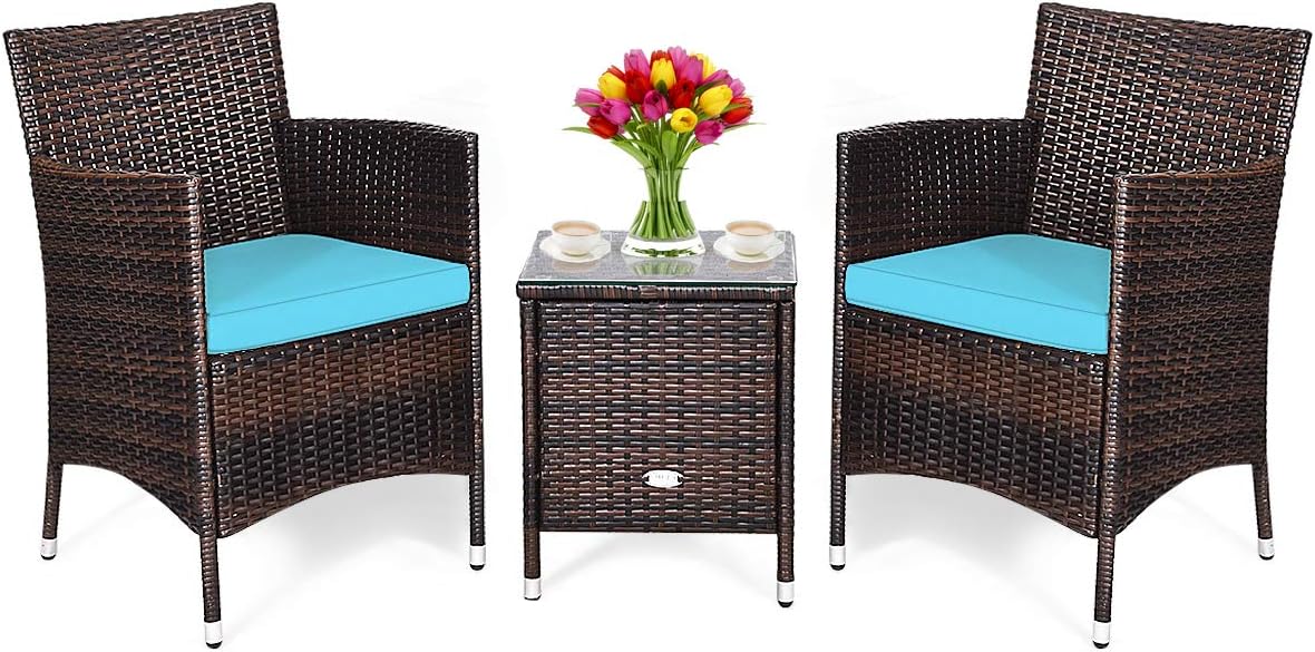 COSTWAY 3 PCS Patio Furniture Set, Outdoor Wicker Conversation Set with Tempered Glass Coffee Table, Seat Cushions, Rattan Wicker Chairs for Poolside Balcony Porch Backyard, Blue