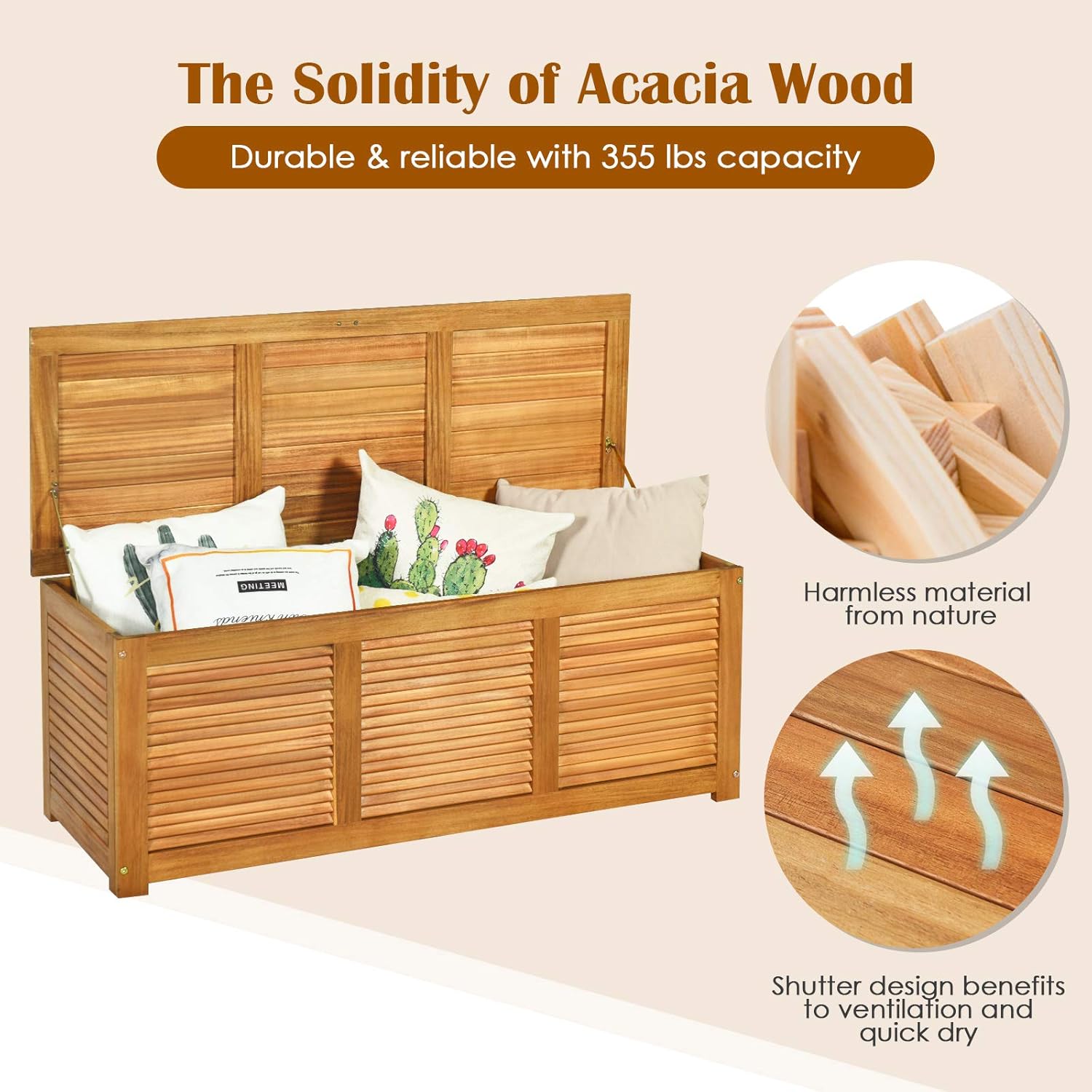Tangkula 46 Gallon Acacia Wood Deck Box, Garden Backyard Storage Bench, Outdoor Storage Container for Patio Furniture Cushions and Gardening Tools
