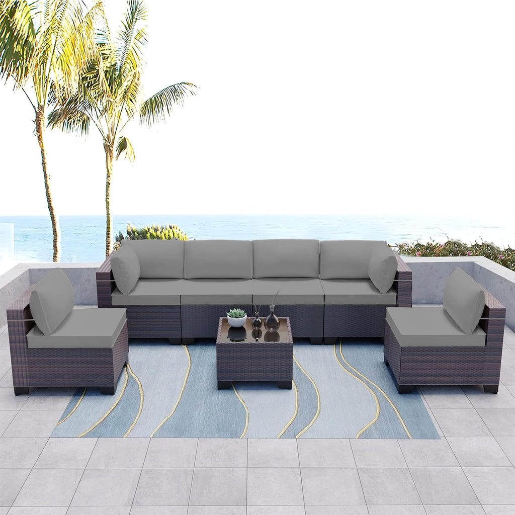 Kullavik 7 Pieces Outdoor Patio Furniture Set,Sectional Rattan Sofa Set Brown PE Rattan Wicker Patio Conversation Set with Tempered Glass Coffee Table and Washable Cushions Covers,Grey