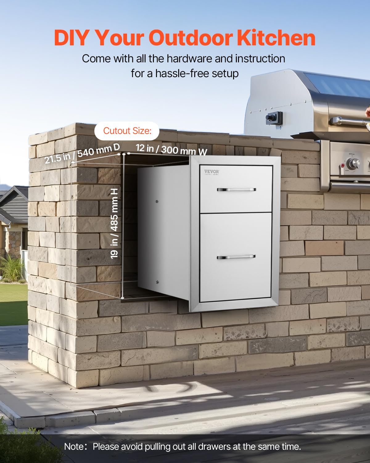 VEVOR Outdoor Kitchen Drawers 13' W x 20.5' H x 21' D, Flush Mount Double BBQ Access Drawers with Stainless Steel Handle, BBQ Island for Outdoor Kitchens or Patio Grill Station