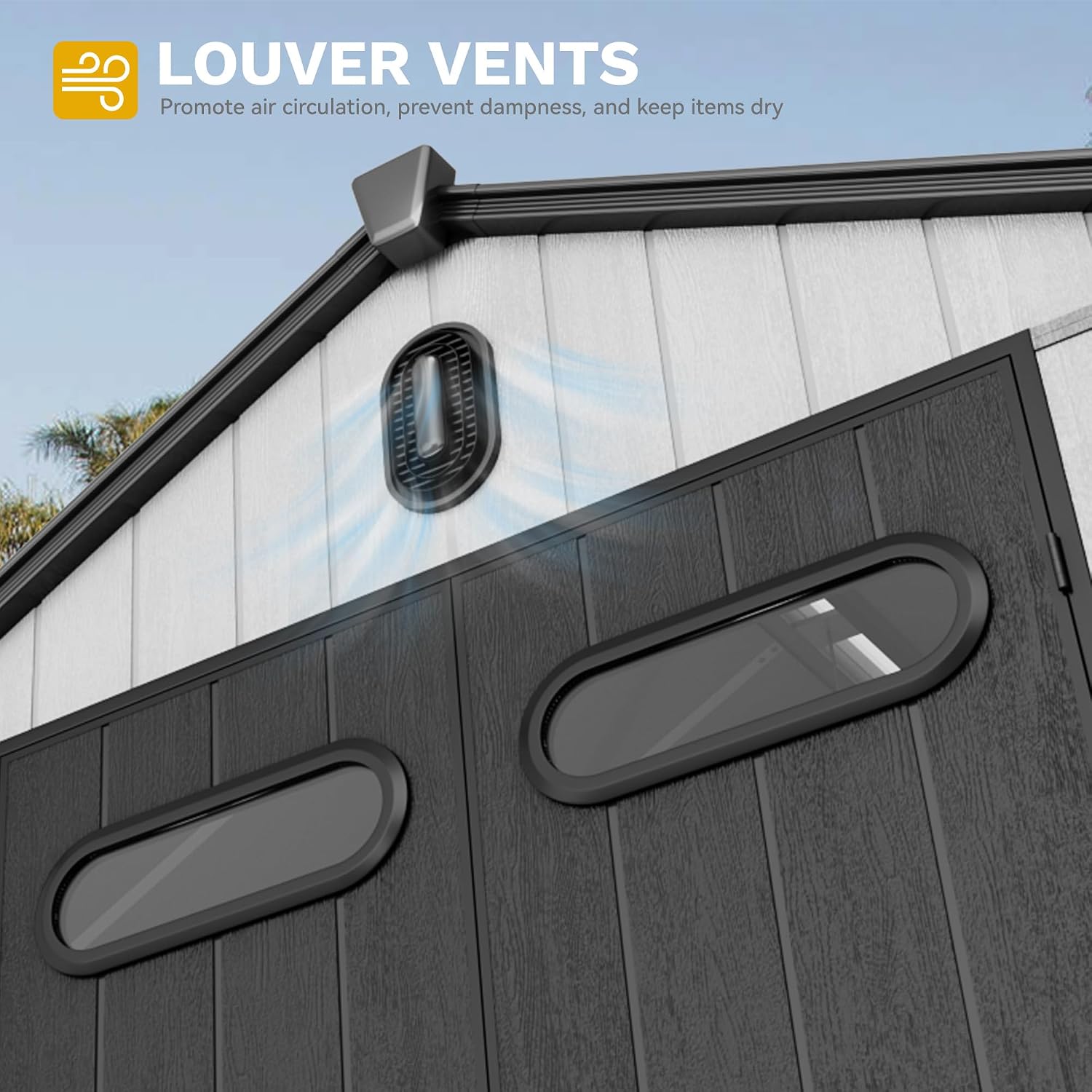 DWVO 8x8 FT Outdoor Storage Shed, Large Extra Thick Plastic Storage Shed with Oval Vision Windows & Lockable Door, 16mm Heavy Duty Outside Garden Shed with Floor & Vents for Patio Tool, Black&Gray