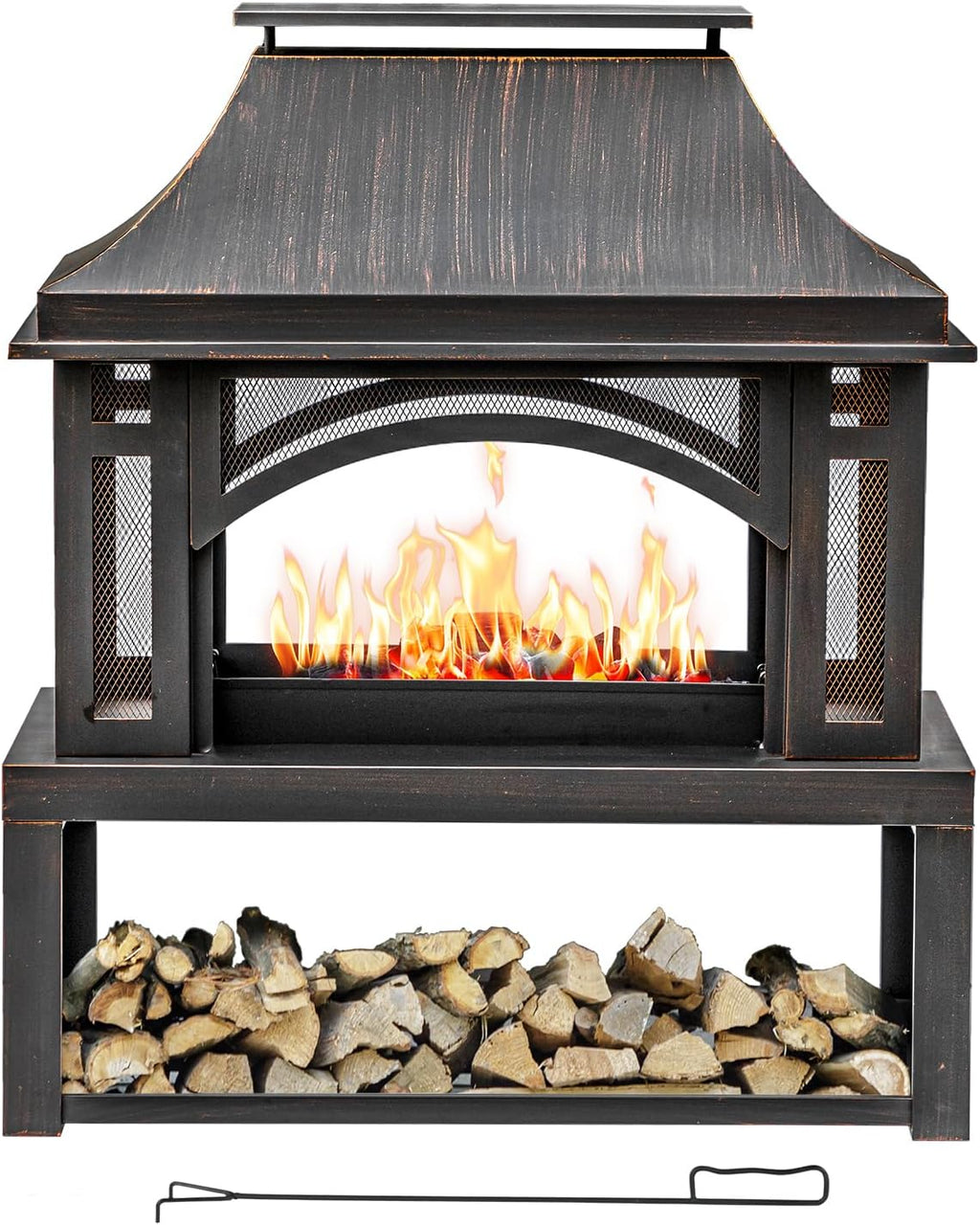 39' Fire Pits with Wood Storage for Outside, Large Wood Burning Outdoor Fireplace with Chimney, Mesh Spark Screen & Fire Poker, Idea for Backyard, Patio, Party, Camping, Picnic