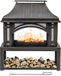39' Fire Pits with Wood Storage for Outside, Large Wood Burning Outdoor Fireplace with Chimney, Mesh Spark Screen & Fire Poker, Idea for Backyard, Patio, Party, Camping, Picnic