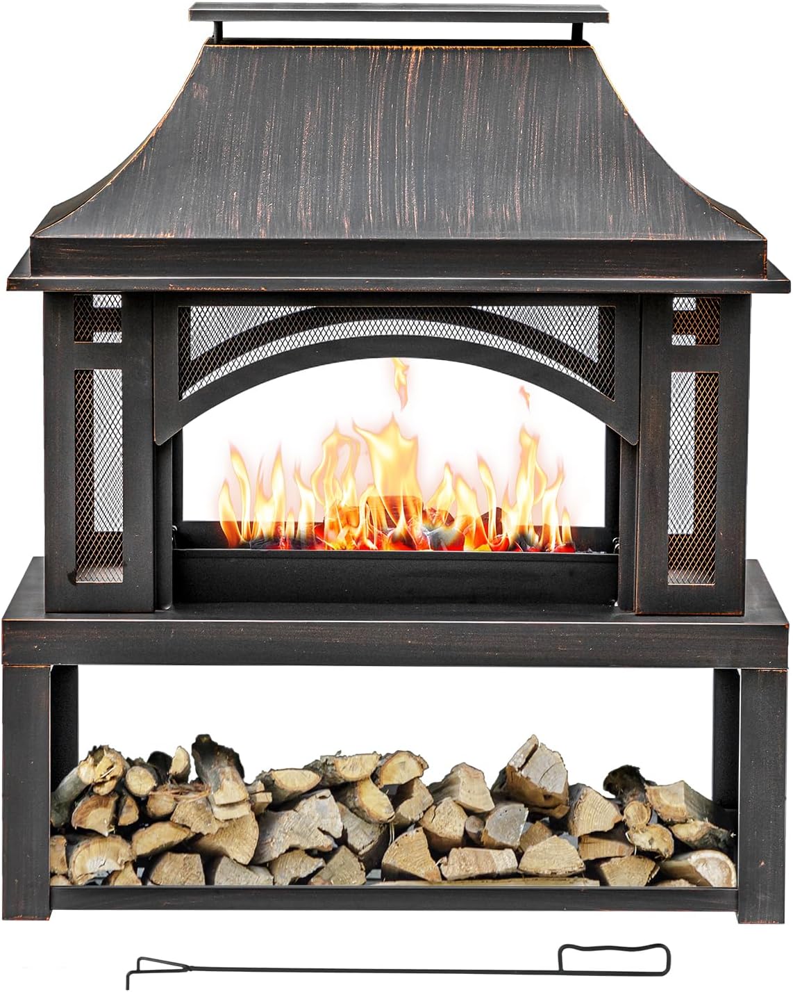 39' Fire Pits with Wood Storage for Outside, Large Wood Burning Outdoor Fireplace with Chimney, Mesh Spark Screen & Fire Poker, Idea for Backyard, Patio, Party, Camping, Picnic