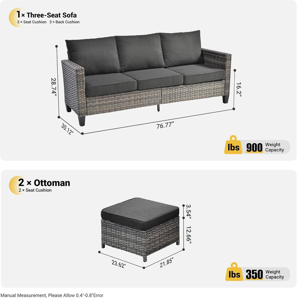 ovios Patio Sofa 3 Pieces Patio Furniture Set Outdoor Wicker Sofa Couch with Ottomans Thick Cushions, All Weather Rattan Conversation Set for Porch Backyard Deck, Black