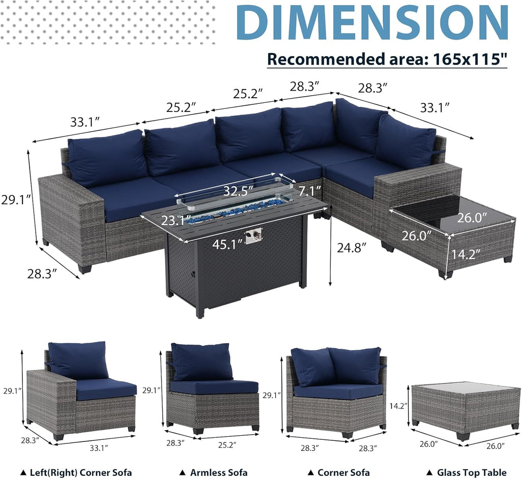 JOIVI 7 Pieces Outdoor Patio Furniture Set with 45' 50000BTU Fire Pit Table, Rattan Patio Conversation Set with Coffee Table, L-Shaped Sectional Sofa and Propane Fire Pit Set, Navy Blue