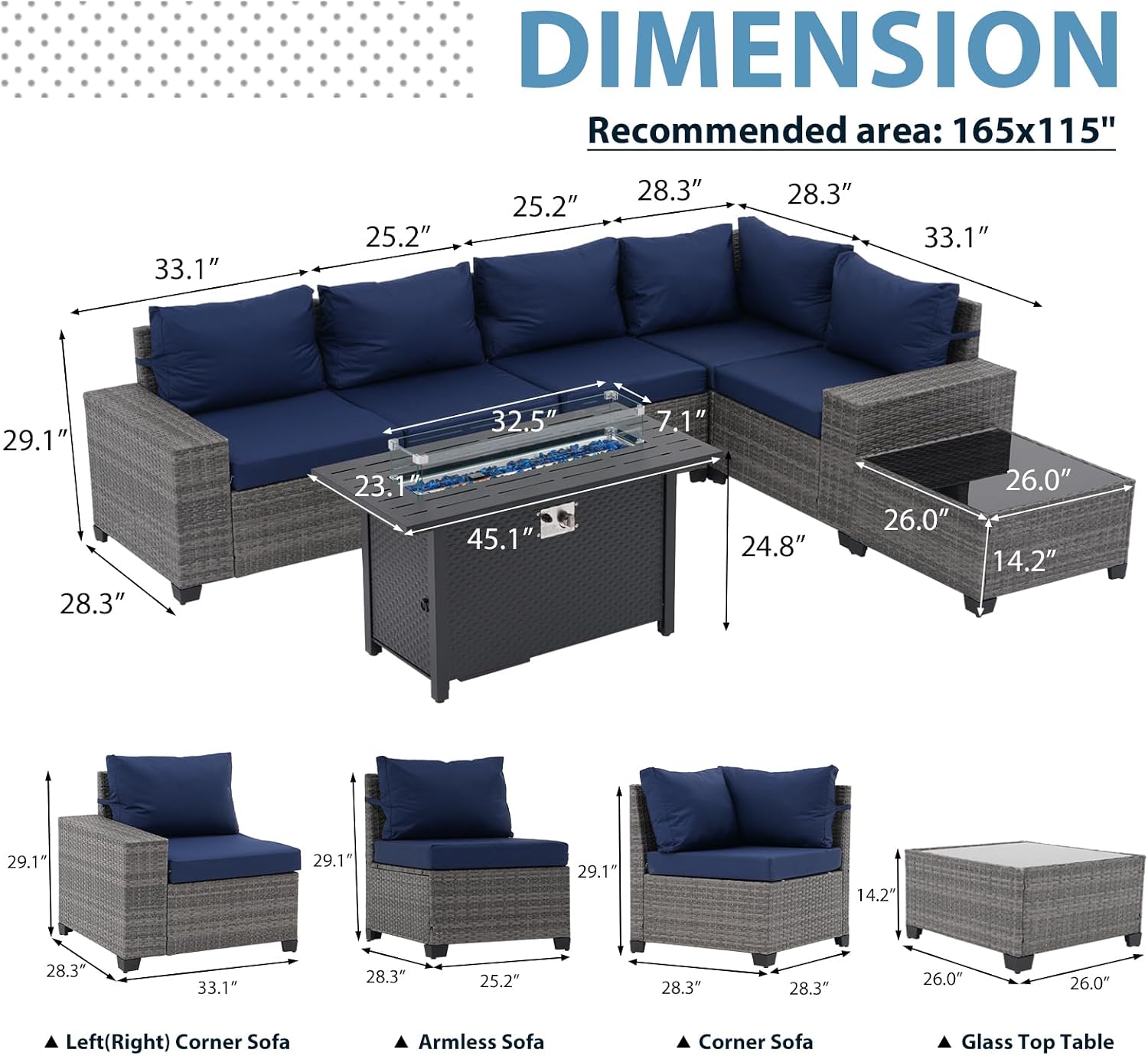 JOIVI 7 Pieces Outdoor Patio Furniture Set with 45' 50000BTU Fire Pit Table, Rattan Patio Conversation Set with Coffee Table, L-Shaped Sectional Sofa and Propane Fire Pit Set, Navy Blue
