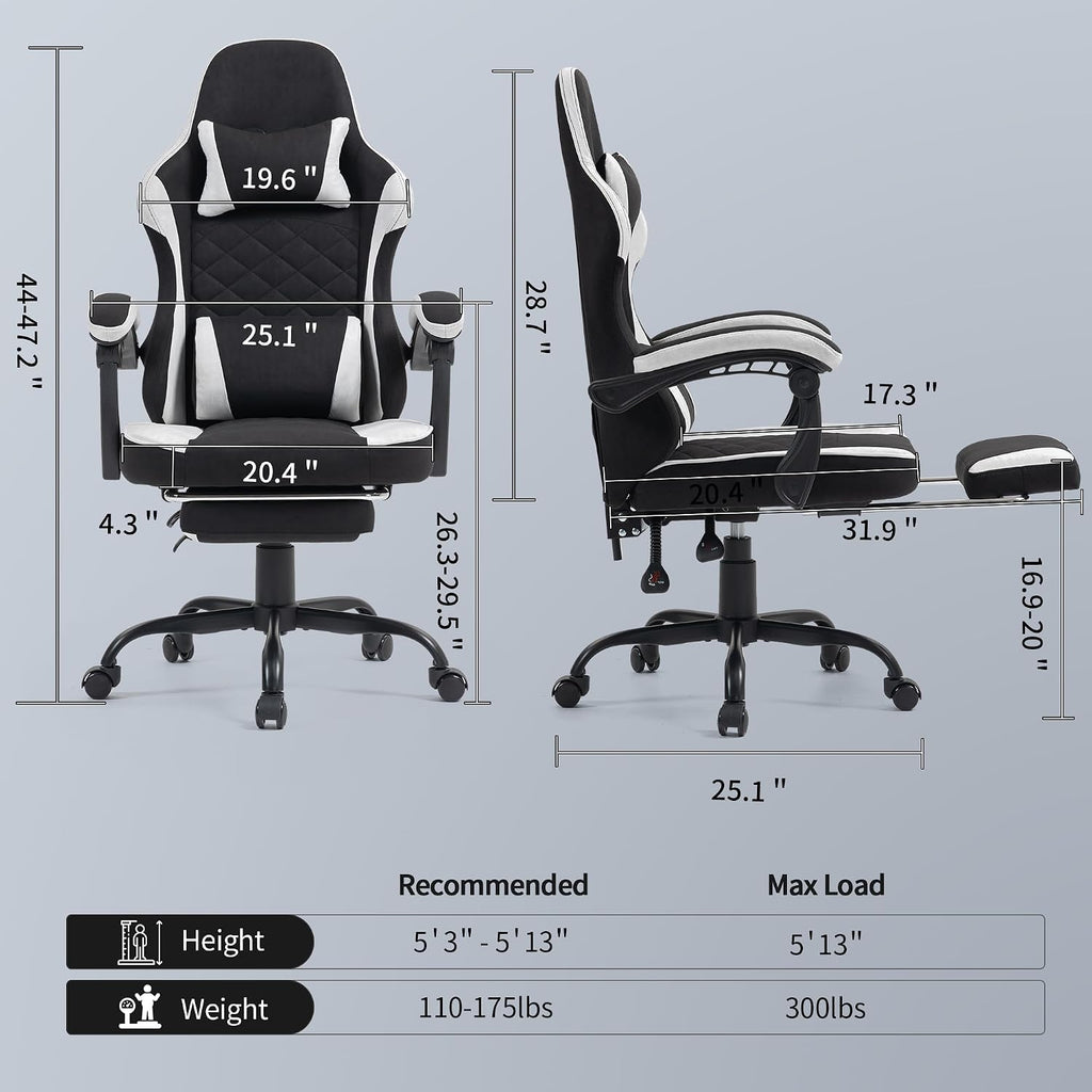 Gaming Chair with Footrest for Adults - Ergonomic Gaming Chairs with Foot Rest - Big and Tall Computer Game Chair - Fabric Reclining Video Game Chairs with Spring Cushion - Black/Light Grey
