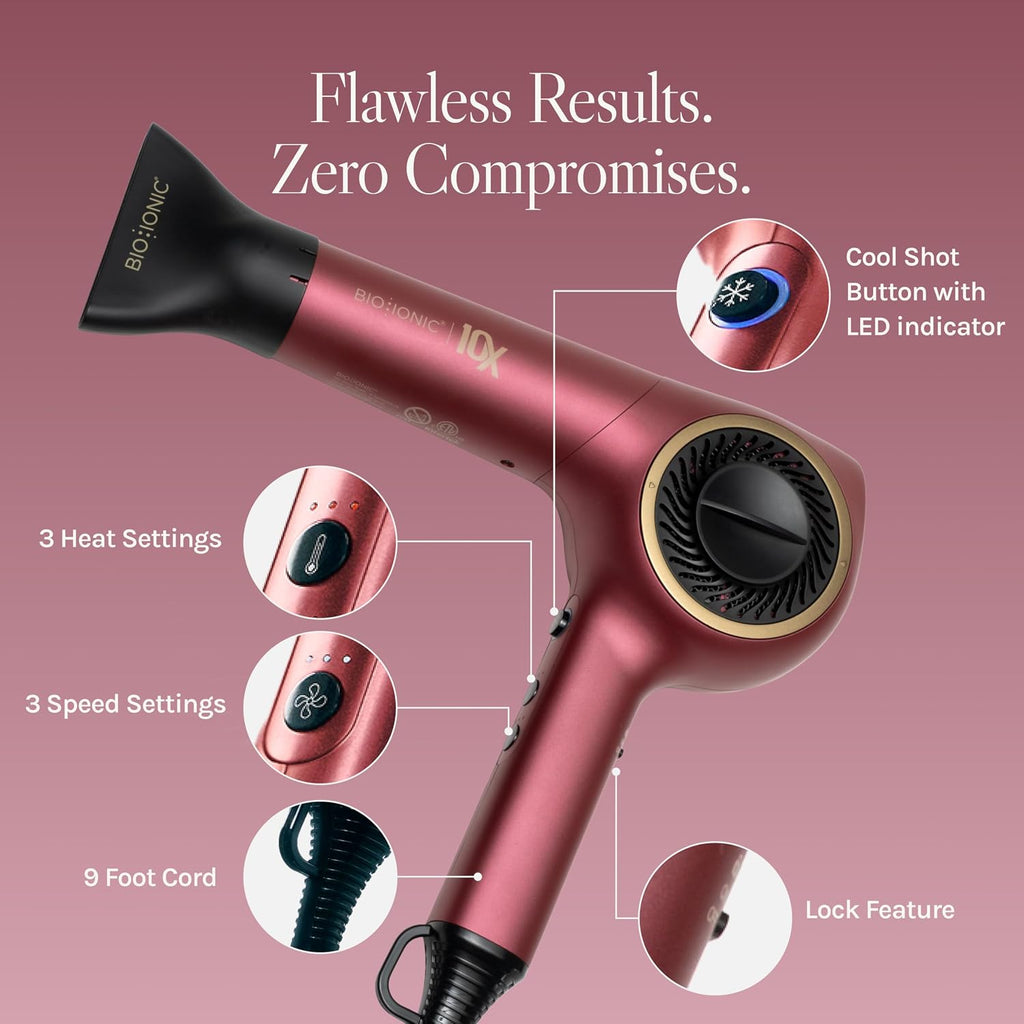 Bio Ionic 10X Ultralight Speed Hair Dryer, Blow Dryer with Adjustable Heat & Speed, Memory Function, Professional Hair Styling Tool for Fast, Frizz-Free Hairstyles