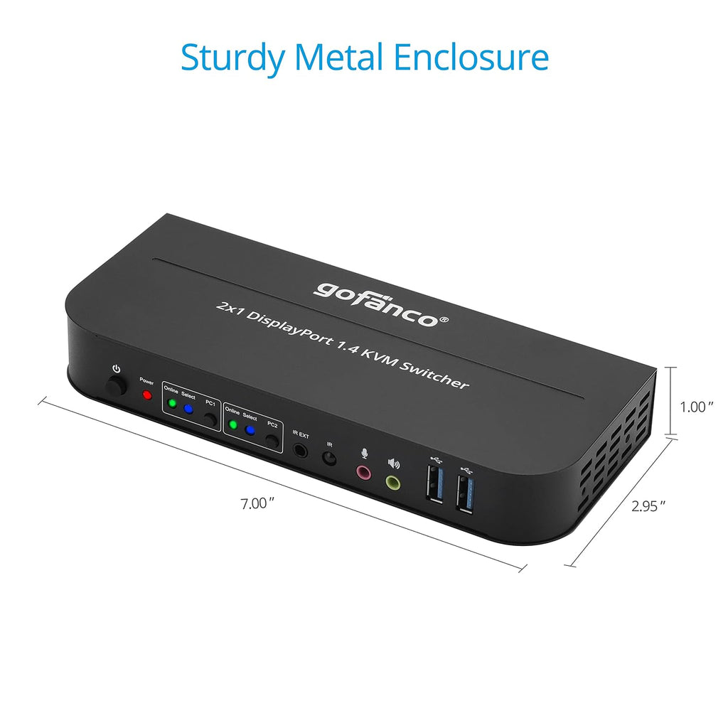 gofanco 2 Port 4K 60HZ DisplayPort KVM Switch with USB 3.0 – DisplayPort 1.4, 4K @60Hz 4:4:4, HDR, HDCP 2.2/1.4, USB Keyboard/Mouse, USB 3.0 Hub, MIC in, Stereo Out, IR Remote, Hotkeys (KVMDP-2P)