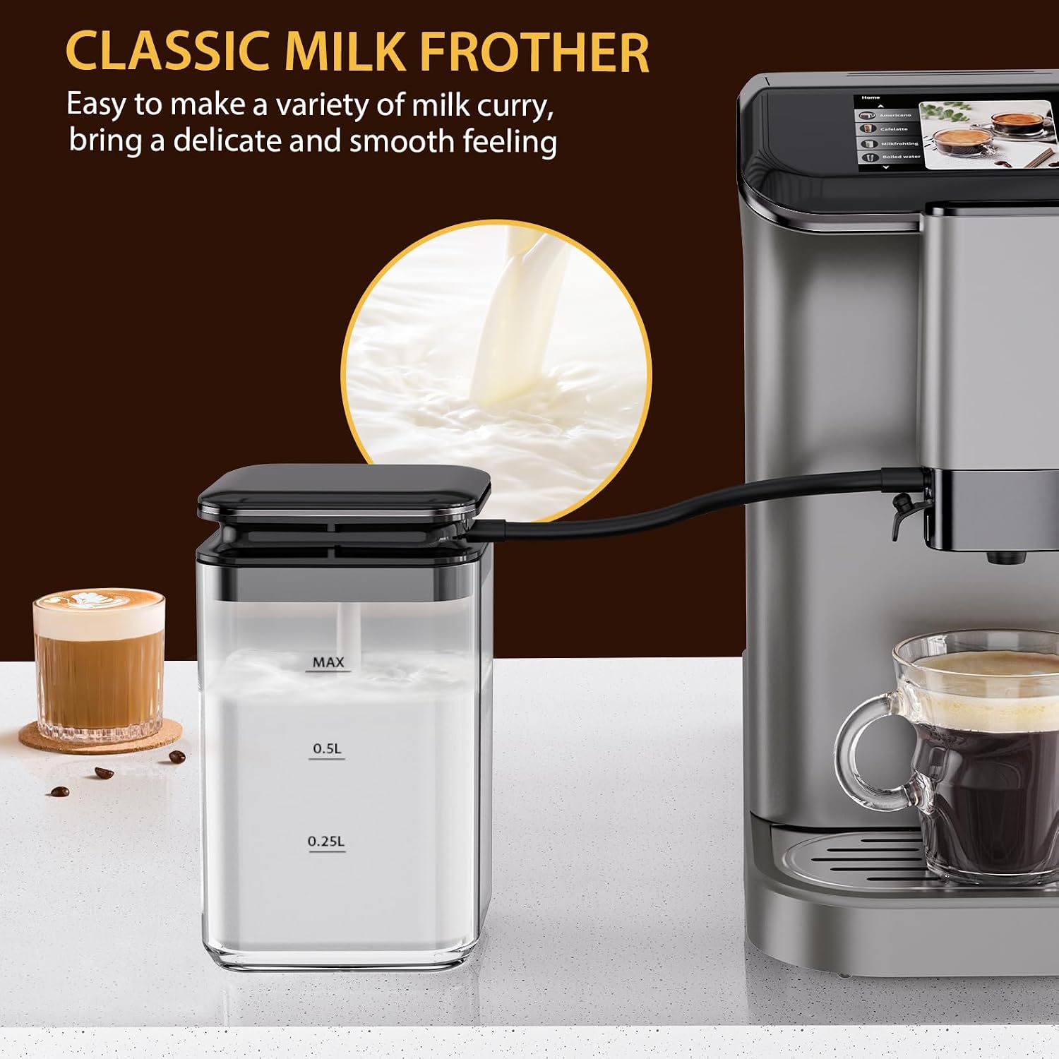 Espresso Maker with Milk Frother - Fully Automatic, 4-Beverage Options, Built-In Grinder, Intuitive Touch Display, and Sleek Finish Gold