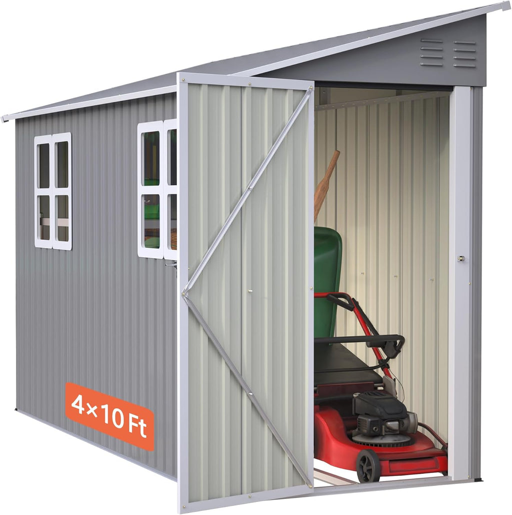 4x10 Ft Outdoor Heavy-Duty Shed, Metal Lean to Shed with Floor Kit and 2 Windows for Tools, Bikes, Patio Equipment, with Left/Right Door Options