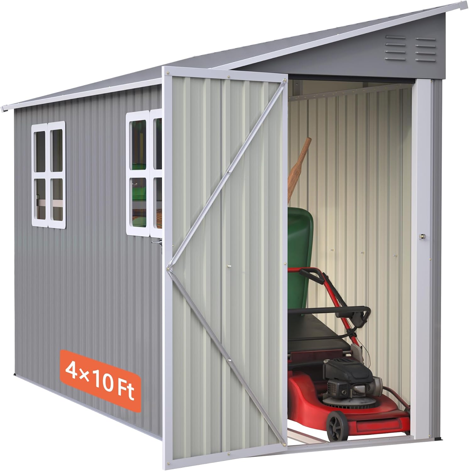 4x10 Ft Outdoor Heavy-Duty Shed, Metal Lean to Shed with Floor Kit and 2 Windows for Tools, Bikes, Patio Equipment, with Left/Right Door Options