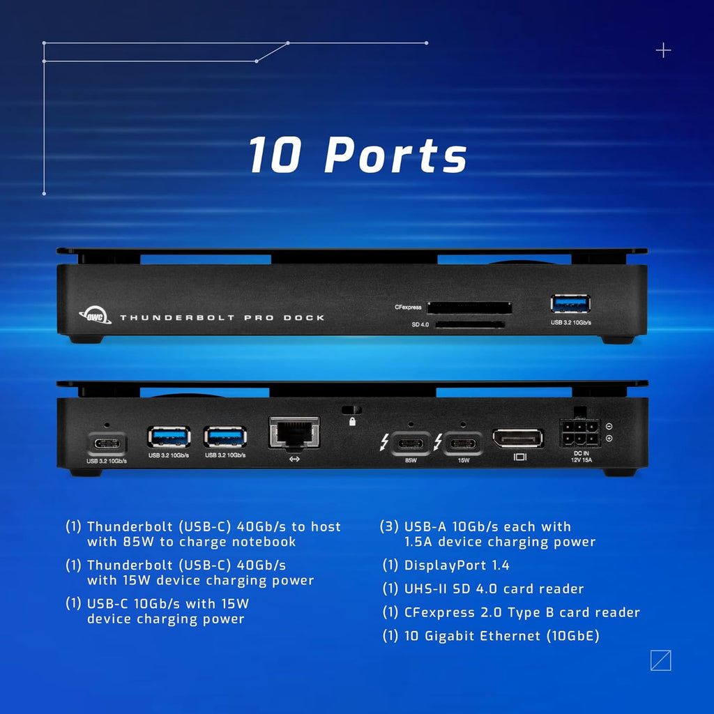 OWC 10-port Thunderbolt Pro Dock, 85W charging, Dual Thunderbolt 40 Gb/s (USB-C), USB-C and (3) USB Type A 10Gb/s, DisplayPort, 10GbE, CFexpress, SD, Single 8K or Dual 6K 60Hz Displays, For Mac and PC