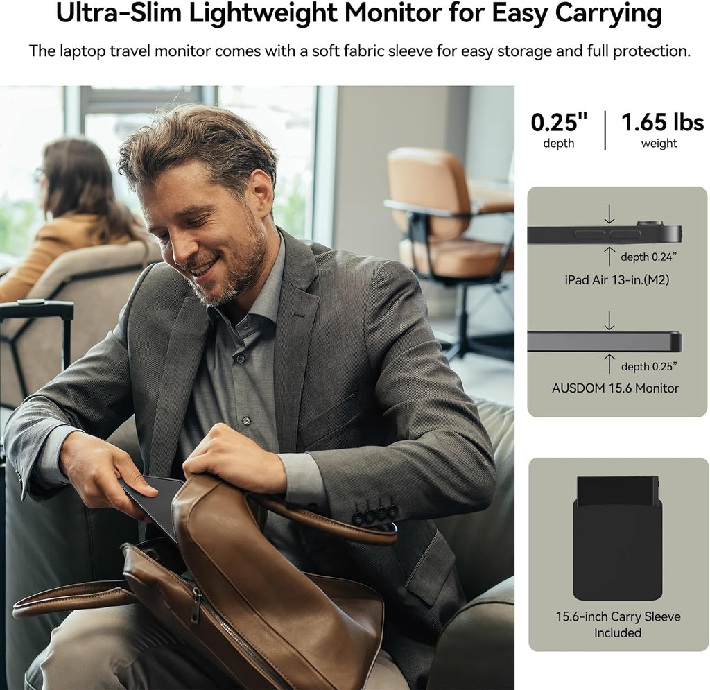 AUSDOM 15.6 Portable Laptop Monitor: FHD 1080P 15.6 inch Portable Second Screen External Travel Monitor, HDMI USB-C Powered Extra Mobile Computer Secondary Display Additional for Laptop MacBook