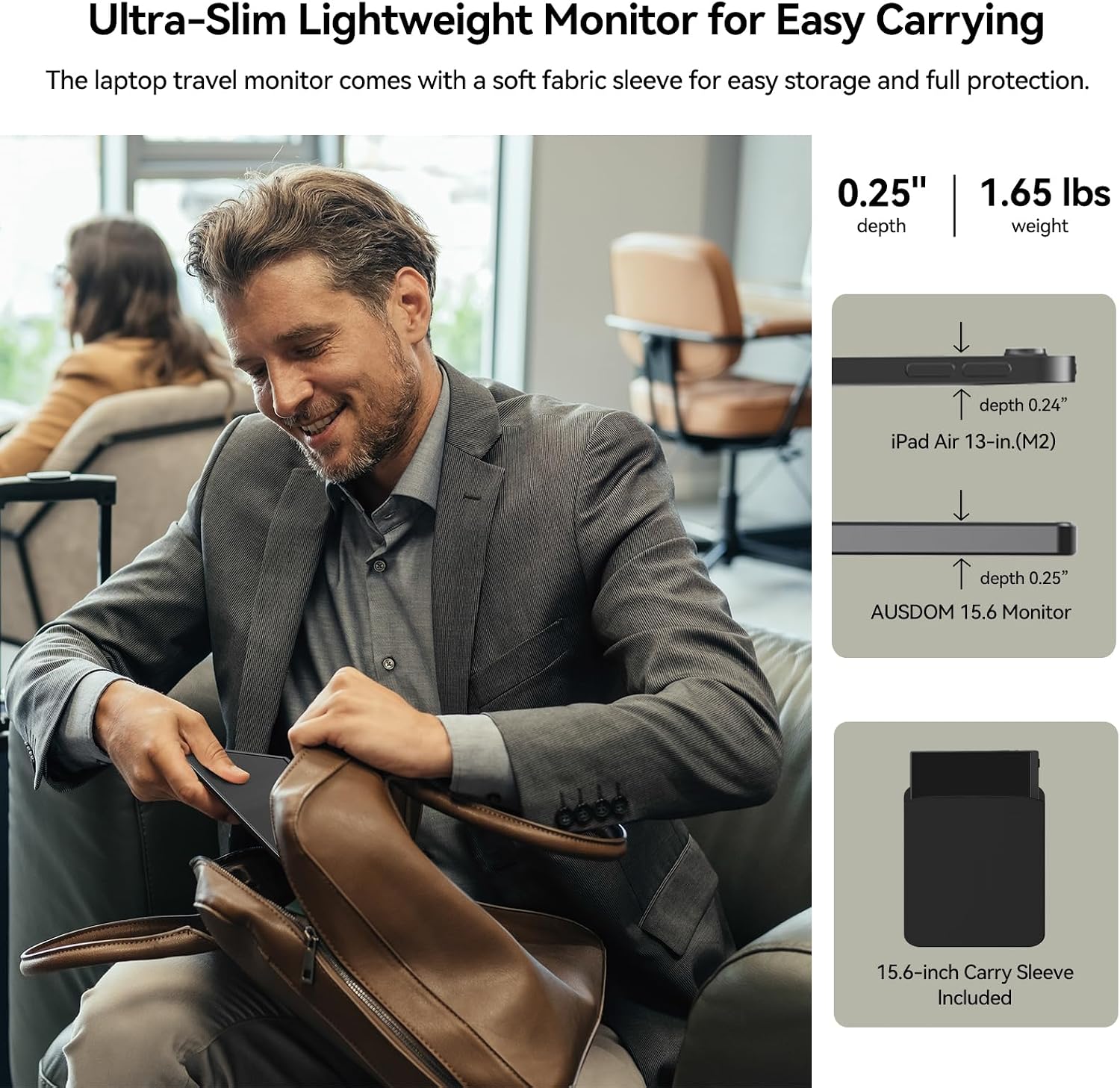 AUSDOM 15.6 Portable Laptop Monitor: FHD 1080P 15.6 inch Portable Second Screen External Travel Monitor, HDMI USB-C Powered Extra Mobile Computer Secondary Display Additional for Laptop MacBook