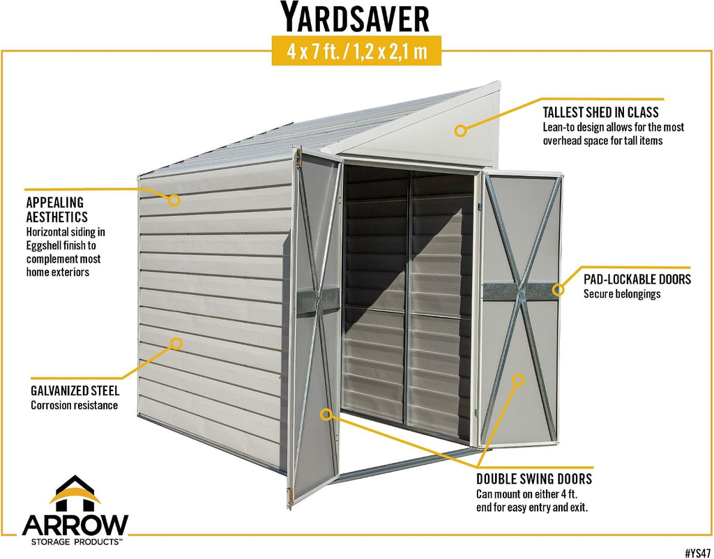 Arrow Yardsaver 4' x 7' Galvanized Steel Outdoor Storage Shed with Sloped Roof and Double-Door Entry, UV-Resistant Steel Floorless Compact Storage Shed, Charcoal