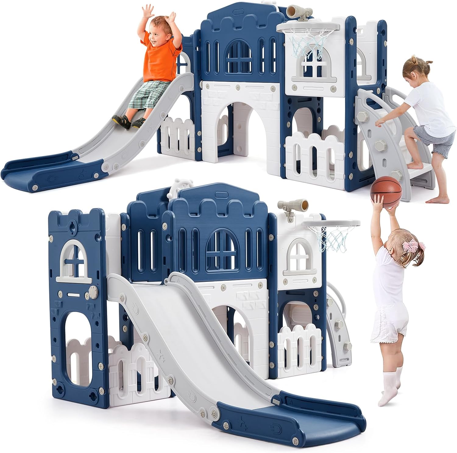 GAOMON 8 in 1 Toddler Slide Indoor Playground, Indoor Slide Toddler Playset for Toddlers 1-3, Kids Outdoor Playground with Basketball Hoop, Climber, Crawling Tunnel, Telescope, Toy Storage
