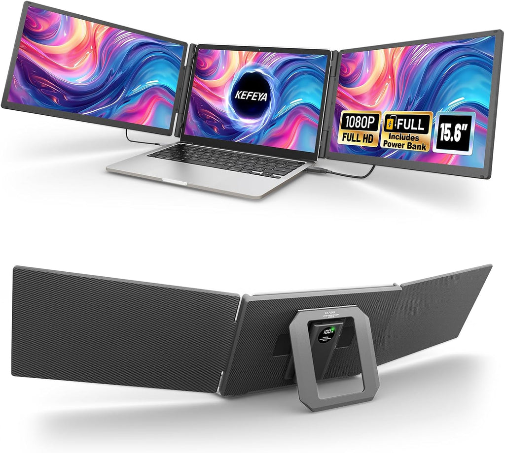 KEFEYA 15.6' Laptop Screen Extender with Magnetic Power Bank, FHD 1080P Triple Monitor Extender for 13-17' Laptop, Plug & Play via Type-C/HDMI/USB-A, Compatible with Mac/Windows/Android