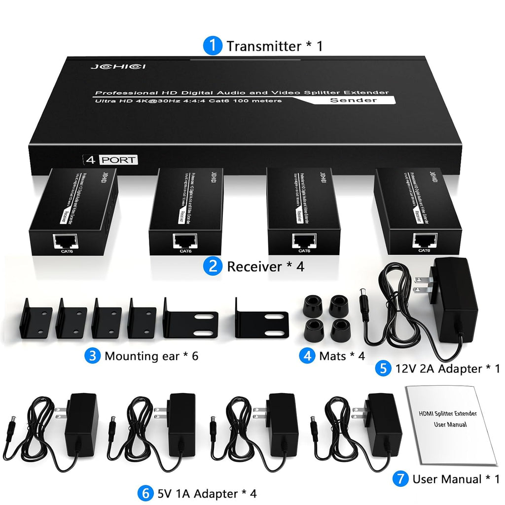 HDMI Extender Splitter 1 x 4, JCHICI 4K@30Hz 100M(328fts) HDMI Splitter with Loopout and EDID Copy Function, Lossless Transmission and Zero Latency, Support 3D
