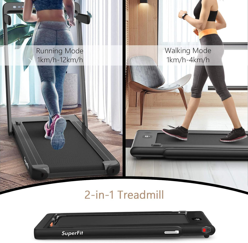Goplus 2 in 1 Folding Treadmill with Dual Display, 2.25HP Superfit Under Desk Electric Pad Treadmill, Installation-Free, Blue Tooth Speaker, APP Control, Remote Control, Walking Jogging for Home