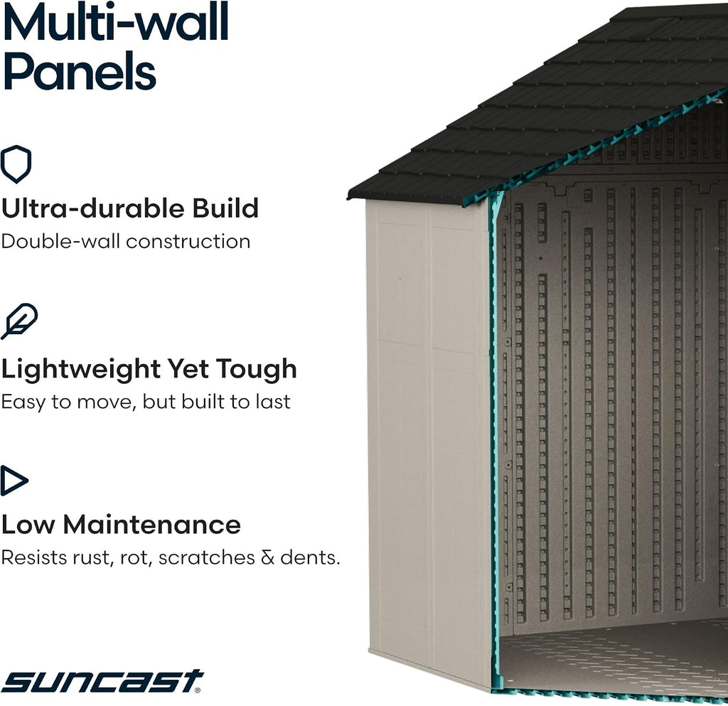 Suncast 8x10 Ft. Outdoor Storage Shed - Large Resin Outdoor Shed with Floor Included, Lockable Double Doors & Skylights. 547 Cu Ft Tremont Garden Resin Sheds for Lawn Tools, Riding Mowers, & Bikes